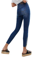 High Rise Womens Girls Skinny Jeans Mid Blue With Zipped Step Hem