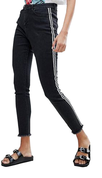 High Rise Womens Girls Skinny Ankle Grazer Black Jeans with Side Stripe
