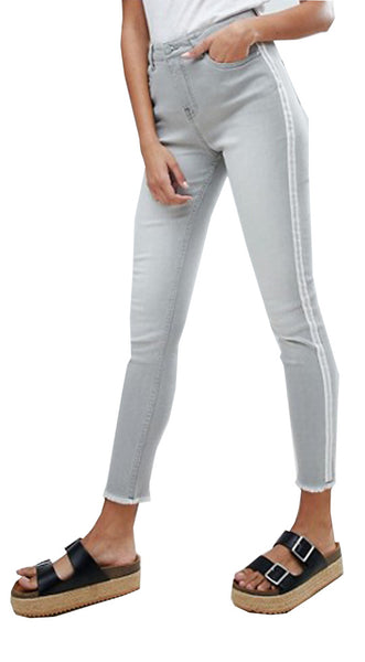High Rise Womens Girls Skinny Ankle Grazer Washed Grey Jeans with Side Stripe